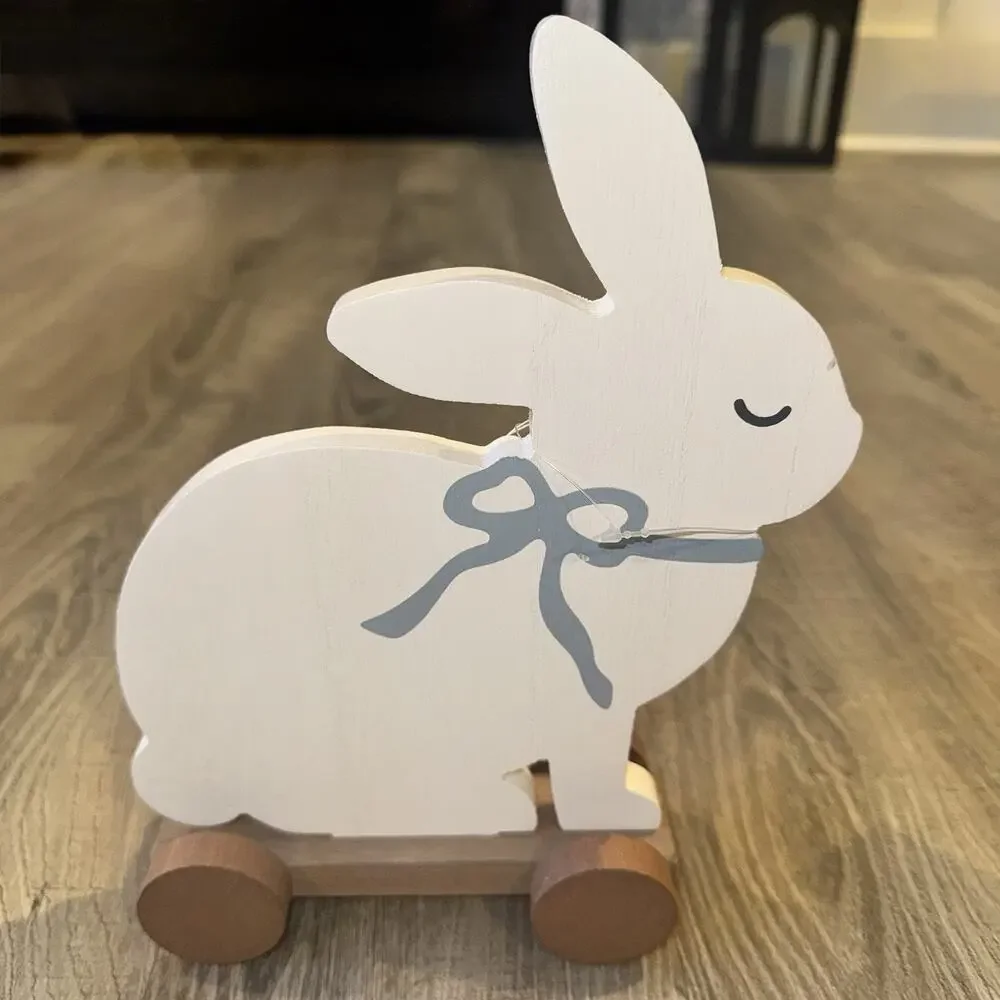Hobby Lobby Wooden White Bunny Rabbit Pull Toy Easter Spring Decor Blue Bow NWT